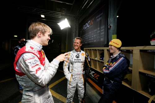 onderonsje tussen Ekströmn, Schumacher en Vettel
